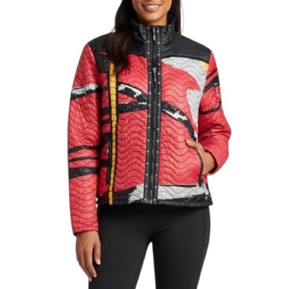 Jamie Sadock Quilted Geometric Jacket Red Black Zip Front High Collar Small